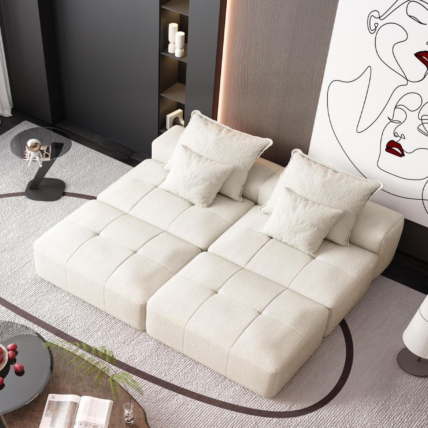 Modern Oversized Modular Sectional Sofa With 2 Ottoman And 2 Seat, Sparkling Chenille Fabric Soft Cushion Sofa With 4 Pillows, 4 Pieces Diy Combination Tufted Sofa, No Assembly Required - Beige