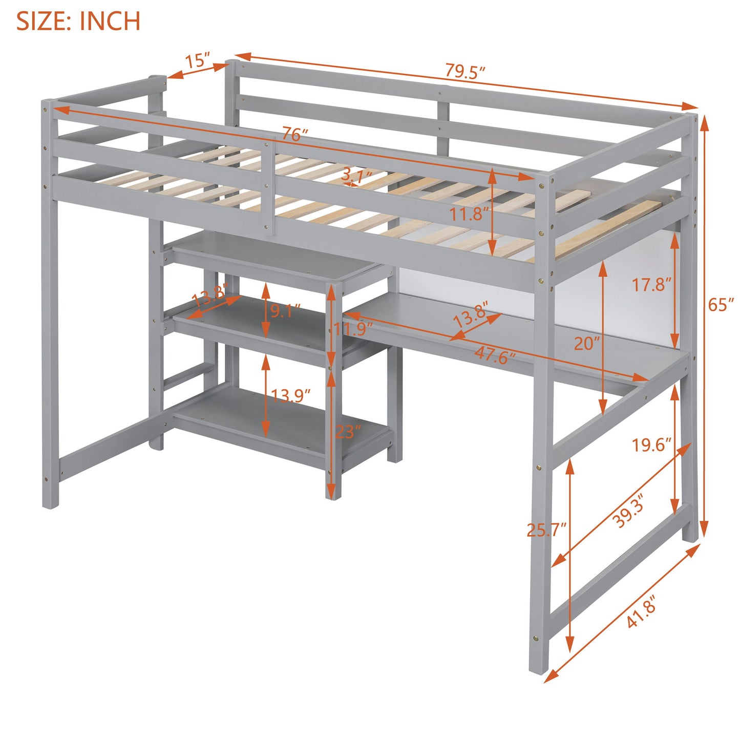 Twin Size Loft Bed With Shelves, Desk And Writing Board - Gray
