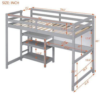 Twin Size Loft Bed With Shelves, Desk And Writing Board - Gray
