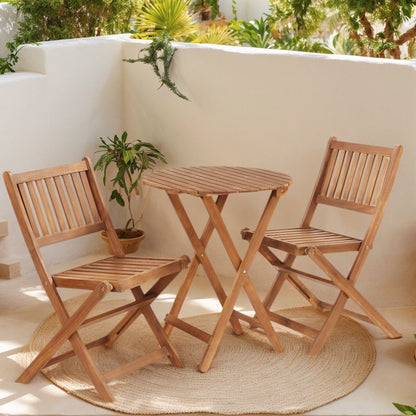 3 Piece Acacia Bistro Set, Folding Patio Furniture For Garden Backyard Balcony Porch With 1 Coffee Table And 2 Foldable Chairs - Light Brown