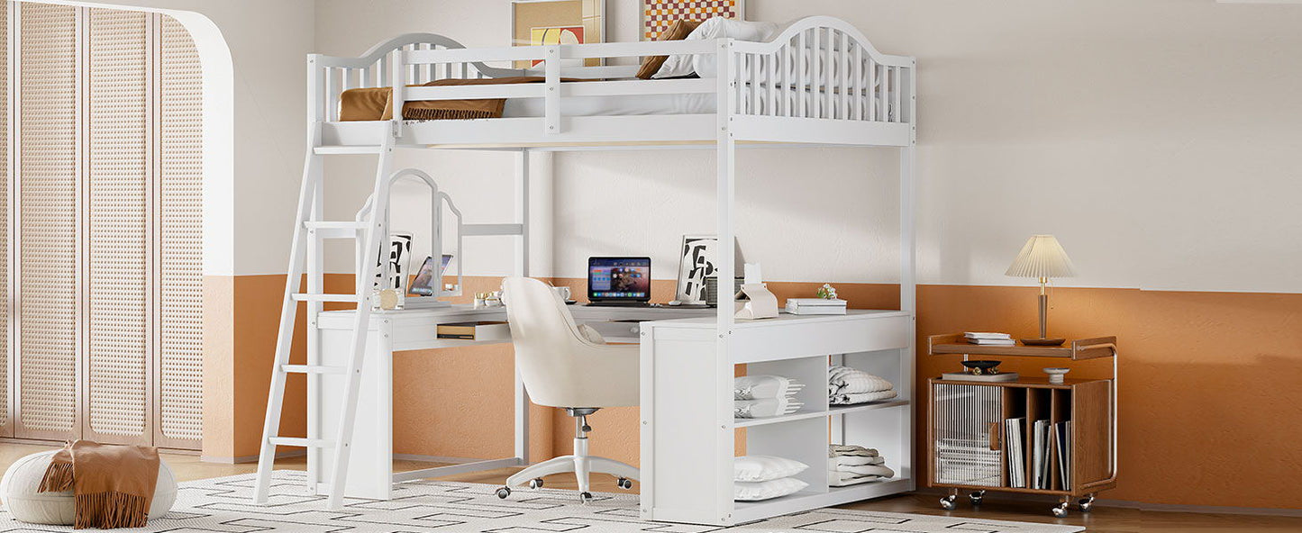 Full Loft Bed With U Shaped Desk, Storage Compartments And Tri Fold Mirror - White