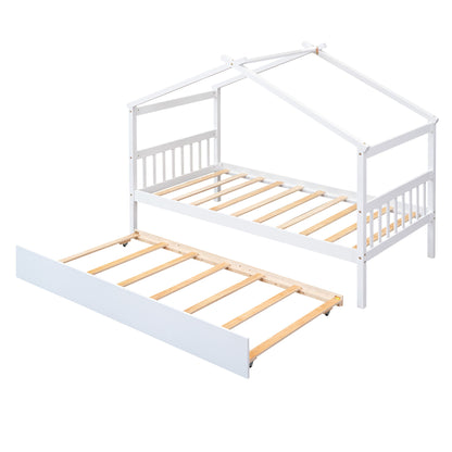 Twin Size House Bed With Twin Size Trundle - White