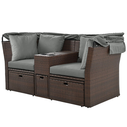 2 Seater Outdoor Patio Daybed Outdoor Double Daybed Outdoor Loveseat Sofa Set With Foldable Awning And Cushions For Garden, Balcony, Poolside - Gray