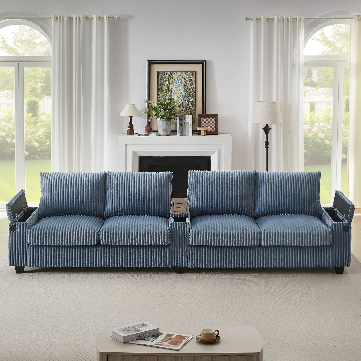 Modern 4 Seater Corduroy Sofa Couch With USB Ports, Hidden Storage, Flip Top Cup Holders - Blue