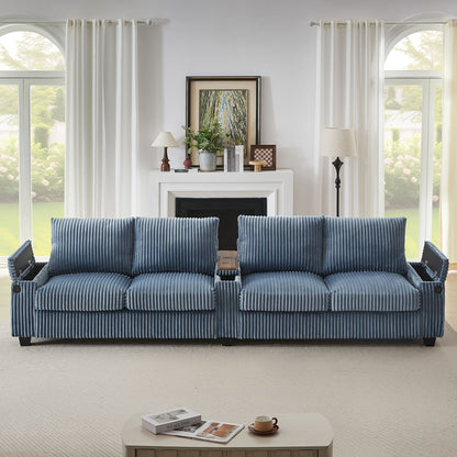Modern 4 Seater Corduroy Sofa Couch With USB Ports, Hidden Storage, Flip Top Cup Holders - Blue