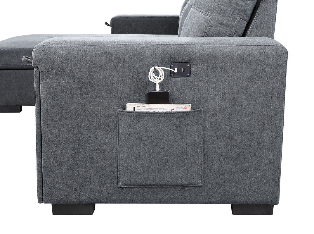 Toby - Woven Fabric Reversible Sleeper Sectional Sofa With Storage Chaise Cup Holder Charging Ports And Pockets - Gray