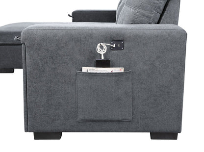 Toby - Woven Fabric Reversible Sleeper Sectional Sofa With Storage Chaise Cup Holder Charging Ports And Pockets - Gray