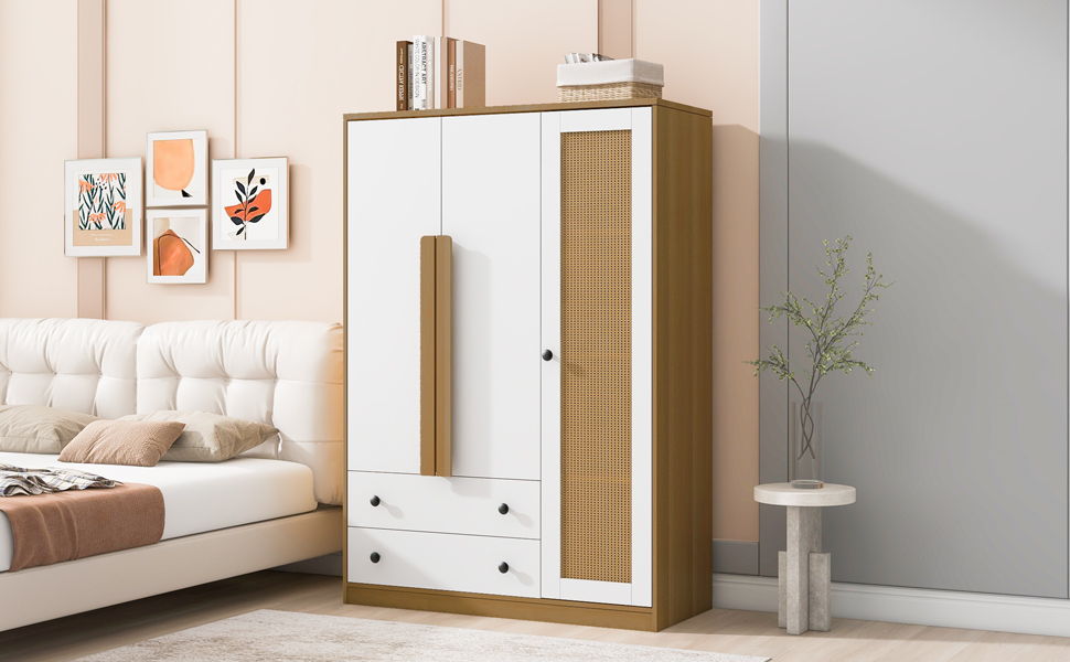 3 Doors Rattan Wardrobe Storage For Bedroom, With 2 Drawers - White / Nature