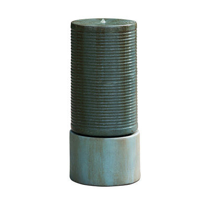 Tall Large Round Green Ribbed Tower Water Fountain, Verge Bronze, Cement Outdoor Bird Feeder / Bath Fountain - Antique Green
