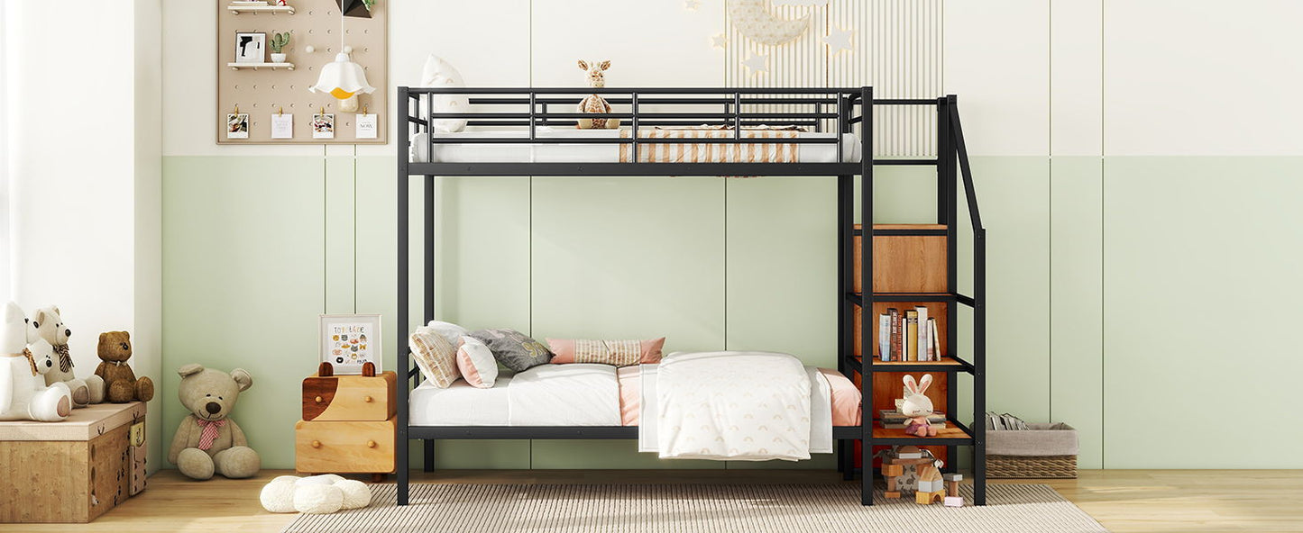 Twin Over Twin Metal Bunk Bed With Lateral Storage Ladder And Wardrobe - Black