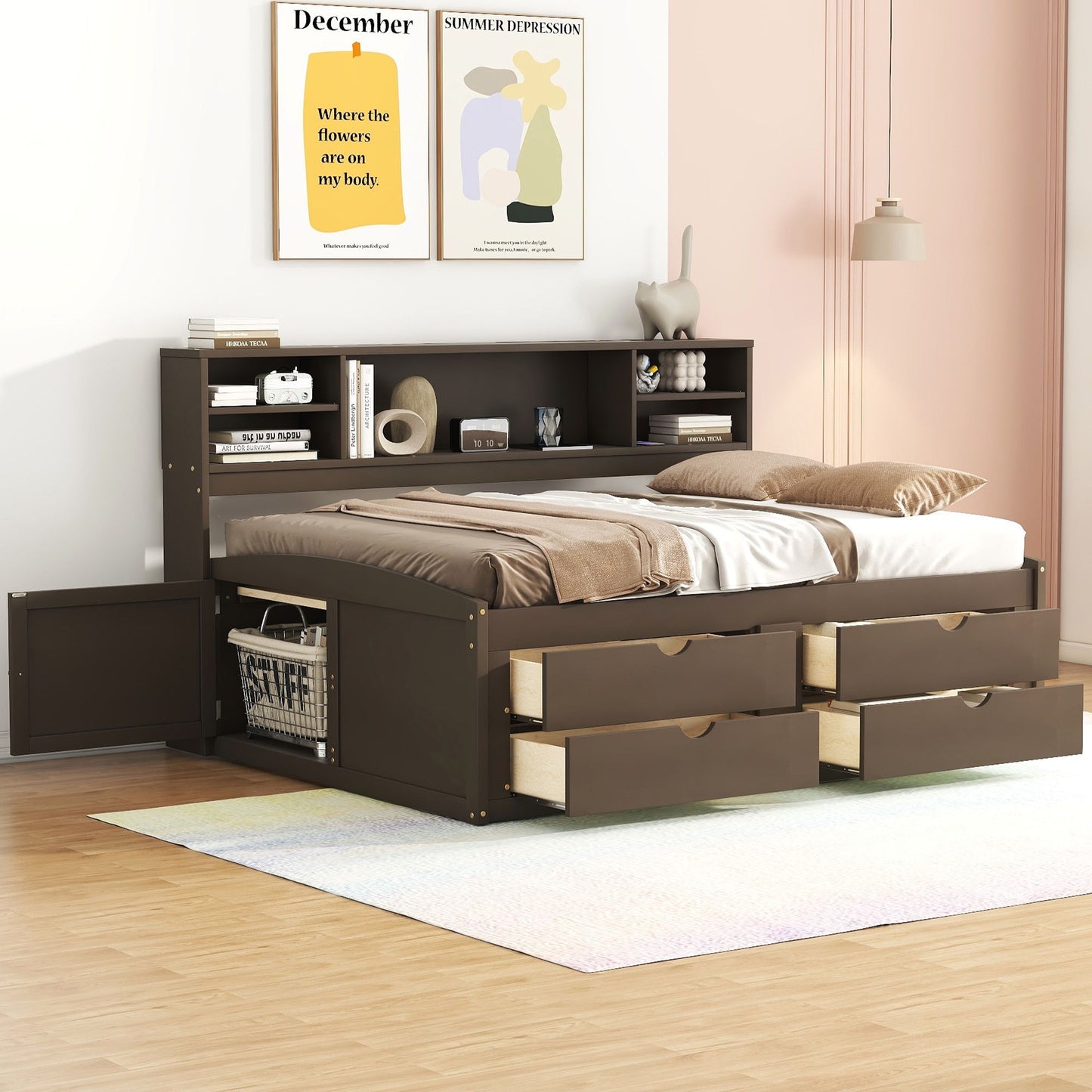 Full Size Daybed With 2 Bedside Cabinets, Upper Shelves And 4 Drawers - Antique Brown