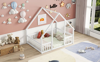 Full Wood House-Shaped Floor Bed With Fence, Guardrails - White