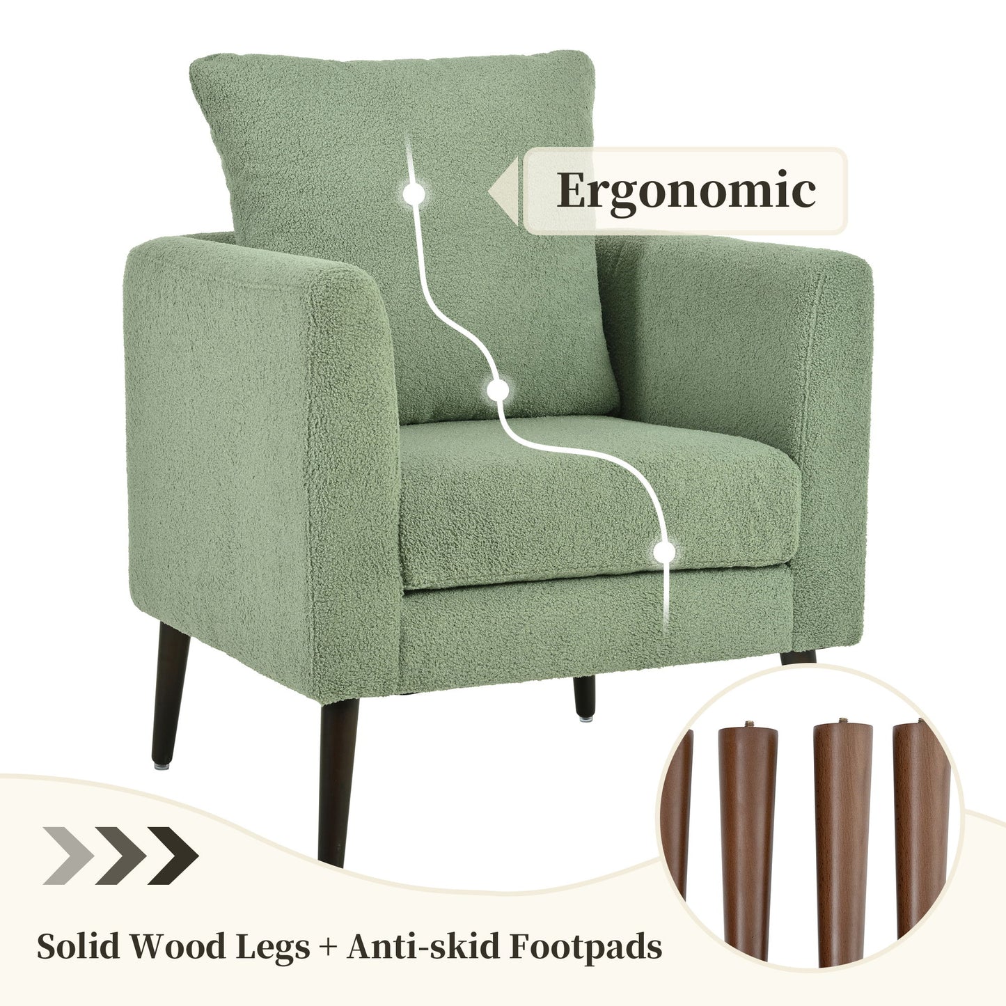 Modern Accent Chair, Upholstered Armchair For Living Room, Mid Century Fabric Lounge Chair With Pillow, Comfortable Reading Chair With Wood Legs For Living Room, Reception Room - Light Green