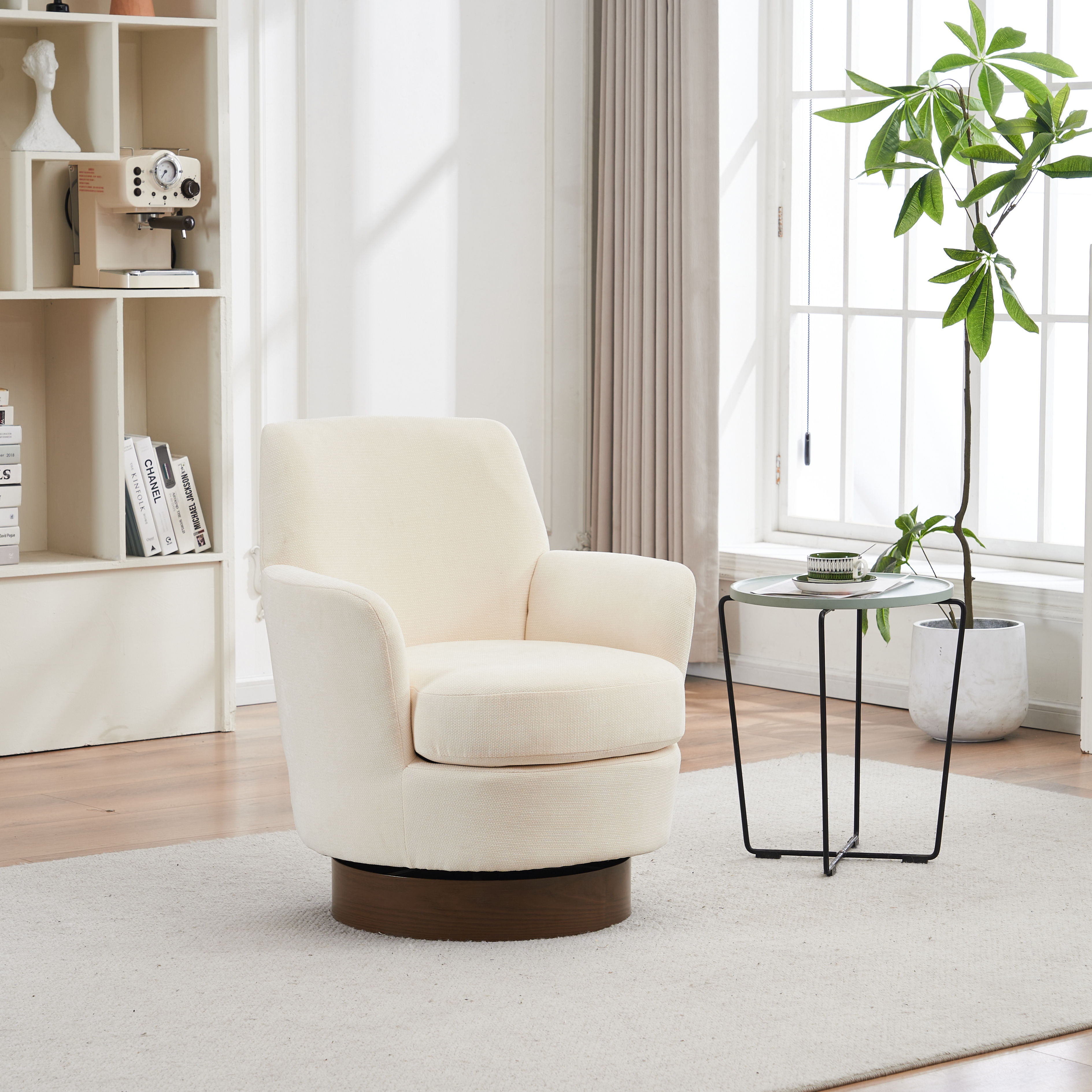 Swivel Barrel Chair, Swivel Accent Chairs Armchair For Living Room, Reading Chairs For Bedroom Comfy, Round Barrel Chairs With Gold Stainless Steel Base - Beige