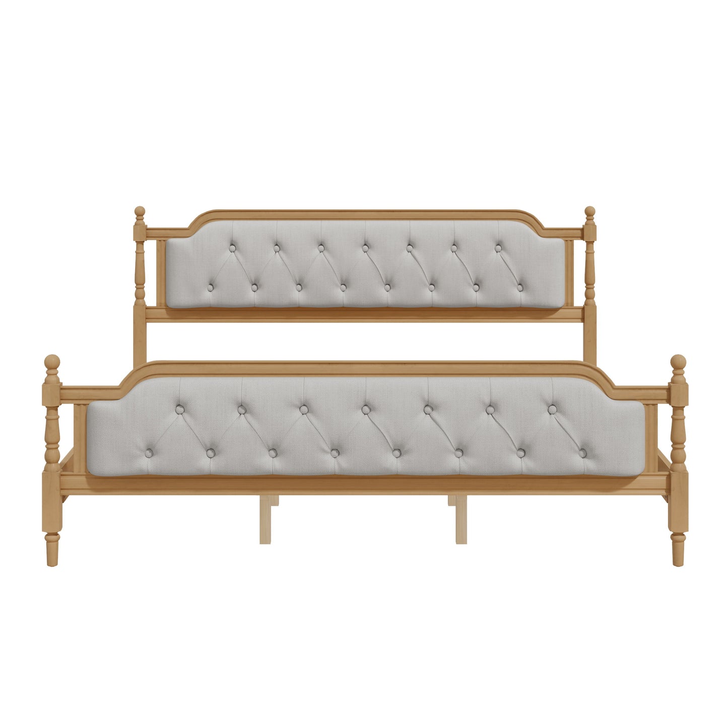 King Size Traditional Style Solid Bed Frame With Upholstered Tufted Headboard, No Box Spring Needed - Walnut