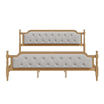King Size Traditional Style Solid Bed Frame With Upholstered Tufted Headboard, No Box Spring Needed - Walnut