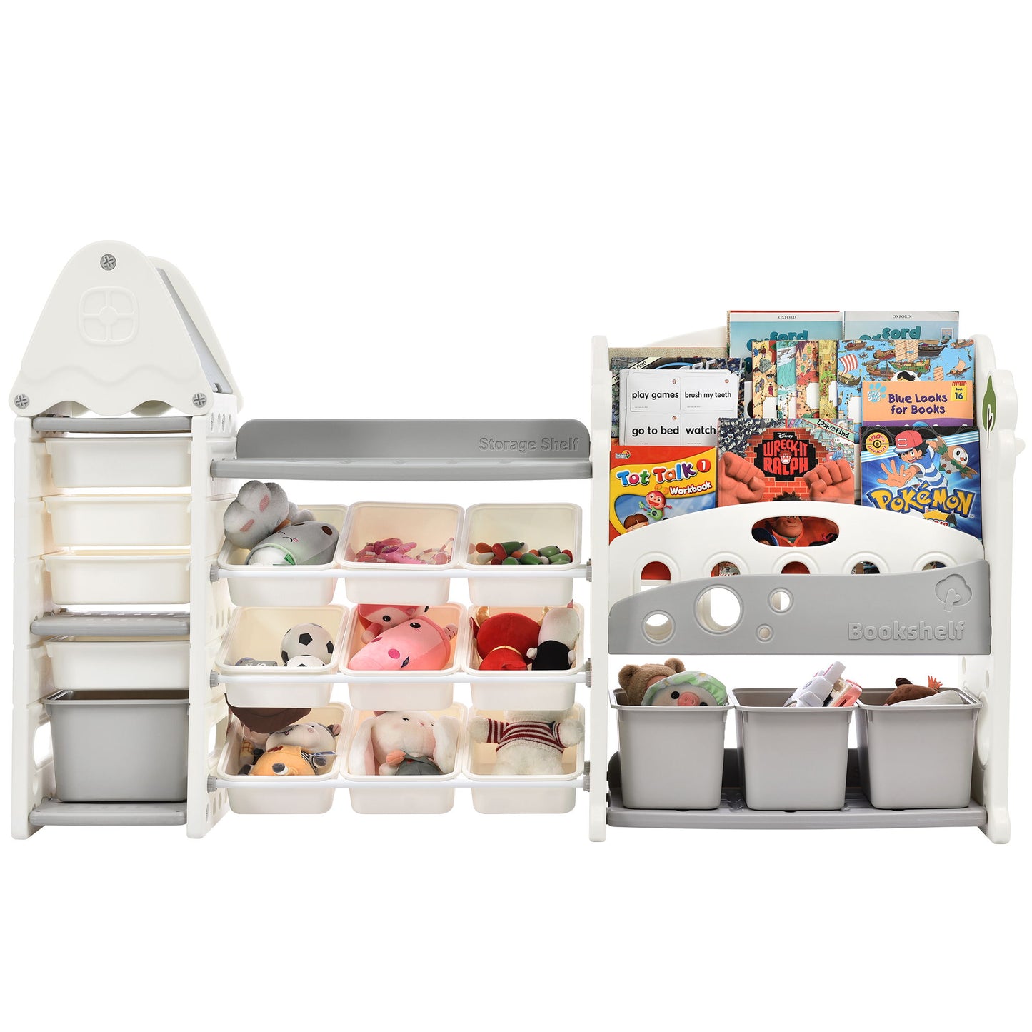Kids Bookshelf Toy Storage Organizer With 17 Bins And 5 Bookshelves, Multi-Functional Nursery Organizer Kids Furniture Set Toy Storage Cabinet Unit With HDPE SheLF And Bins - Gray