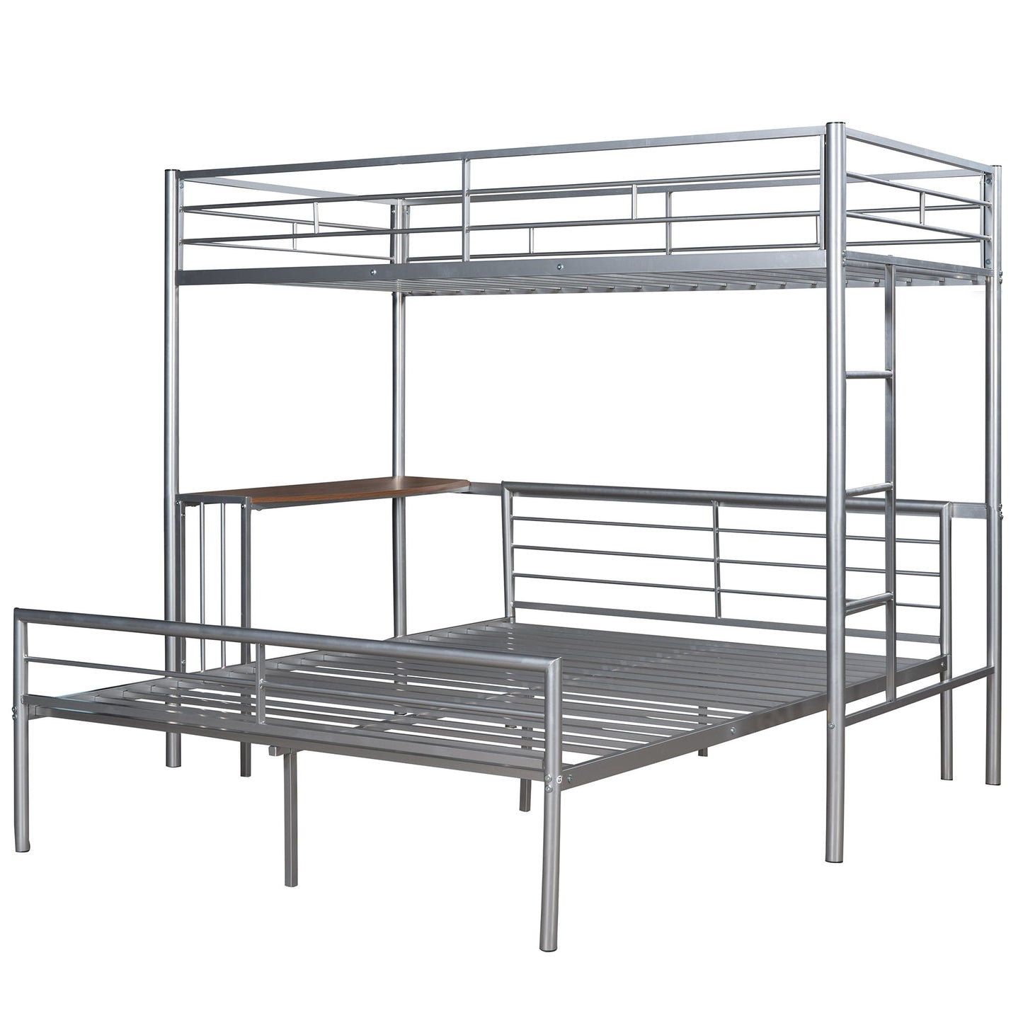 Twin Over Full Bunk Bed With Desk, Ladder And Quality Slats For Bedroom - Silver