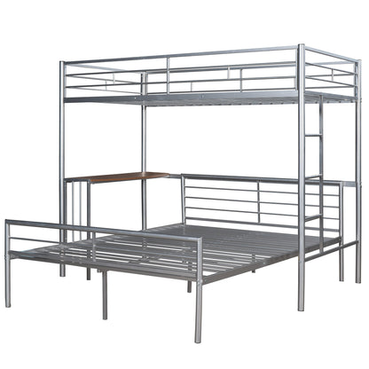 Twin Over Full Bunk Bed With Desk, Ladder And Quality Slats For Bedroom - Silver