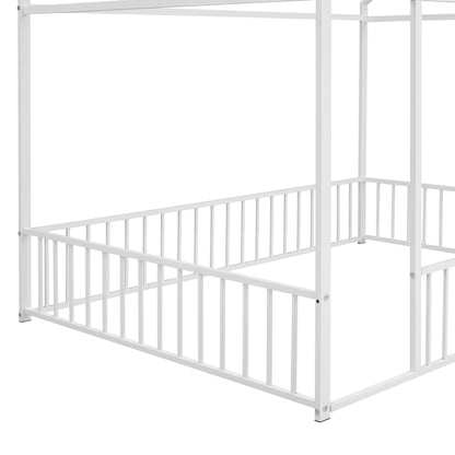 Full Size Bed House Bed Frame With Fence - White