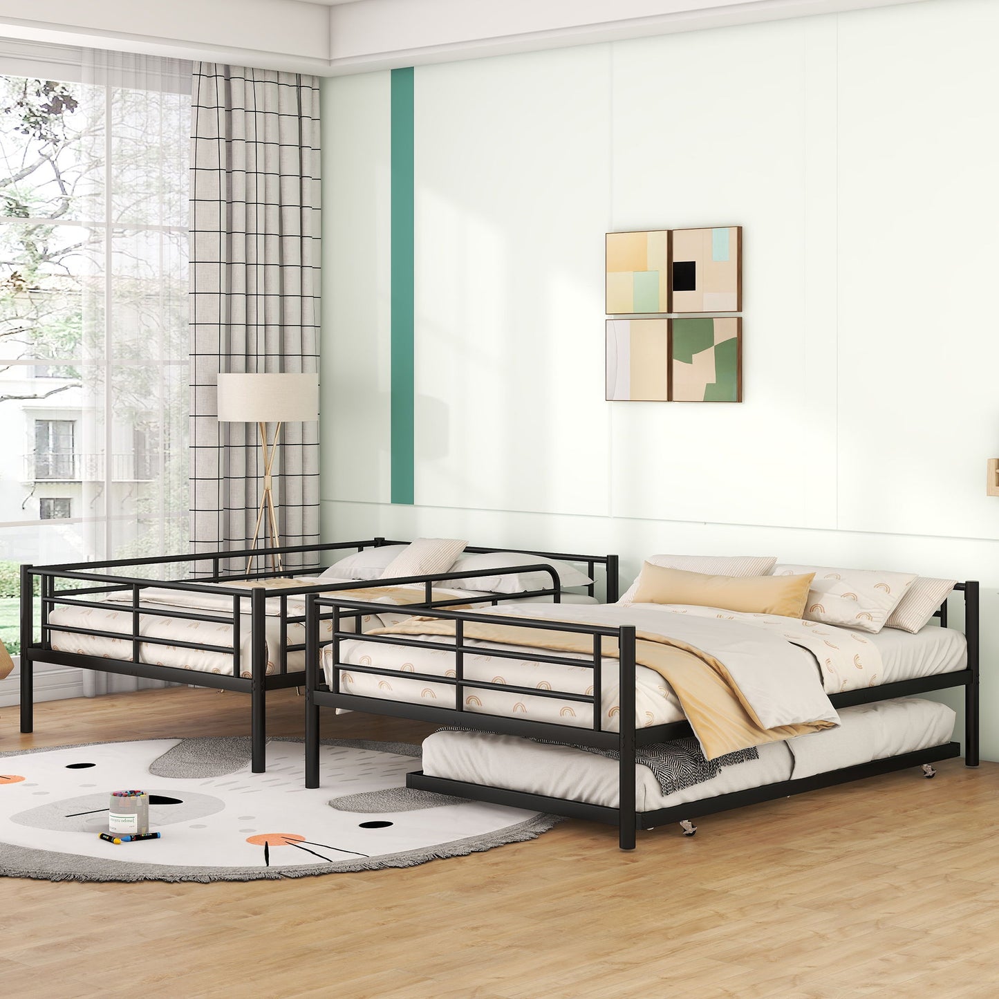 Full Over Full Metal Bunk Bed With Trundle - Black