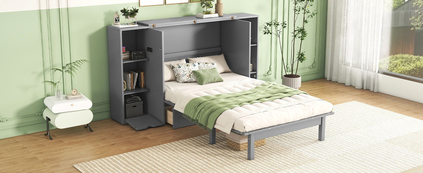 Queen Size Murphy Bed With Shelves, Drawers And USB Ports - Gray