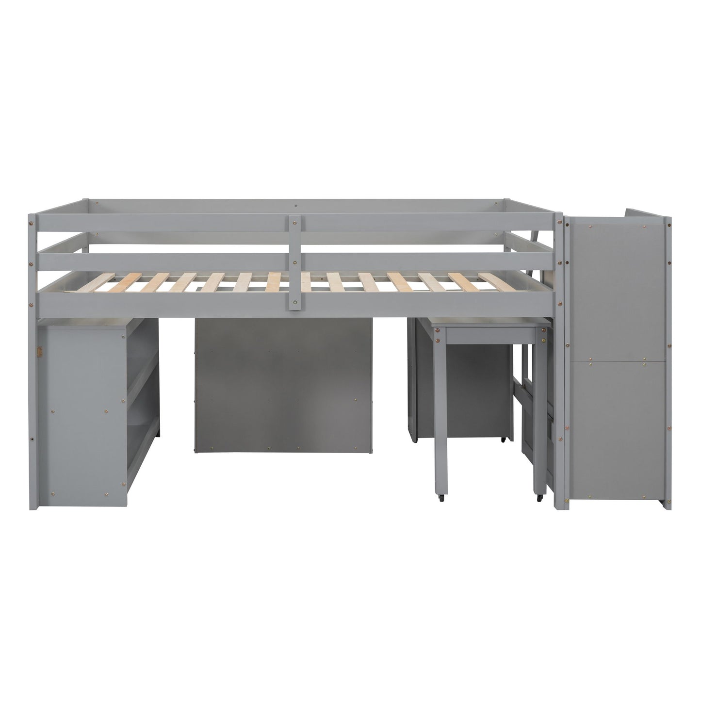Full Size Loft Bed With Retractable Writing Desk And 3 Drawers With Storage Stairs And Shelves - Gray