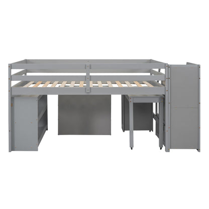 Full Size Loft Bed With Retractable Writing Desk And 3 Drawers With Storage Stairs And Shelves - Gray