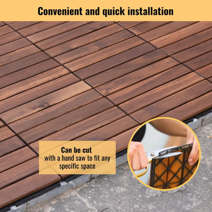 10 Piece Interlocking Deck Tiles Striped Pattern, Square Acacia Hardwood Outdoor Flooring For Patio, Bancony, Pool Side - Brown