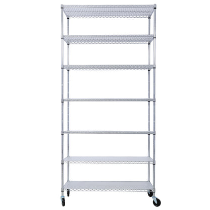 7 Tier Metal Shelf Wire Shelving Unit, 2450Lbs Heavy Duty Adjustable Storage Rack With Wheels & Shelf Liners For Closet Kitchen Garage Basement Commercial Shelving - Chrome