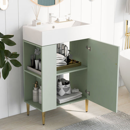 Bathroom Vanity, Combo Cabinet, Bathroom Storage Cabinet, Single Ceramic Sink, Left Side Storage - Green