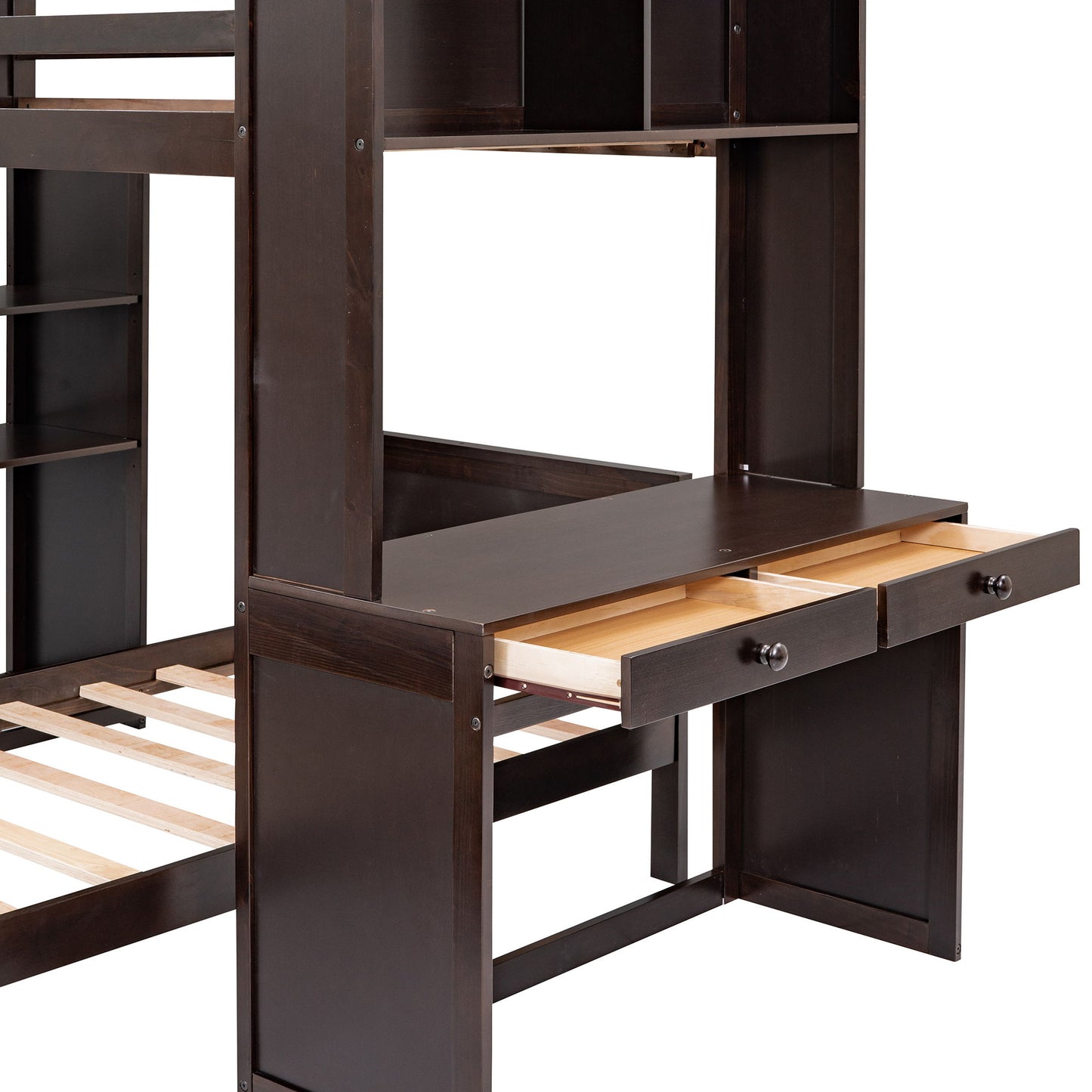 Twin Size Loft Bed With A Stand Alone Bed, Shelves, Desk, And Wardrobe - Espresso