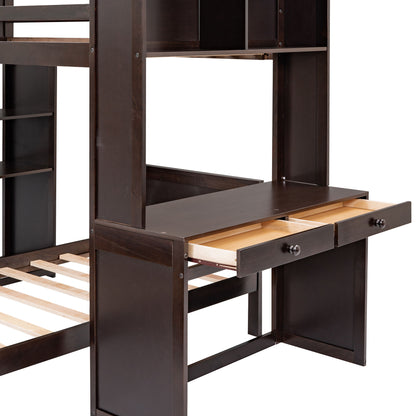 Twin Size Loft Bed With A Stand Alone Bed, Shelves, Desk, And Wardrobe - Espresso