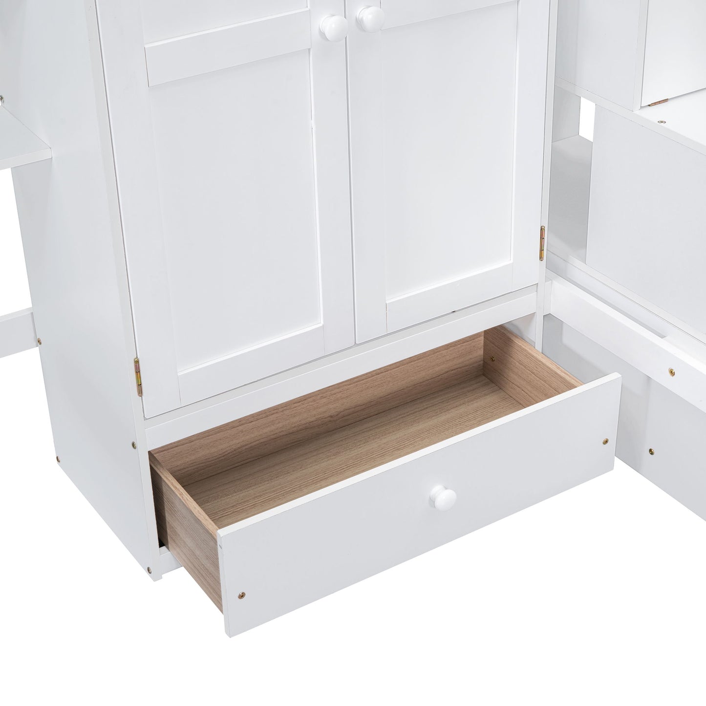 Full Size Loft Bed With Bookshelf, Drawers, Desk, And Wardrobe - White