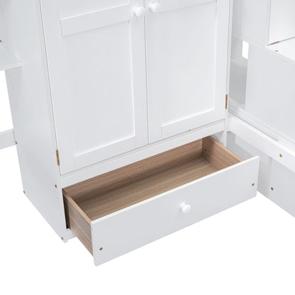 Full Size Loft Bed With Bookshelf, Drawers, Desk, And Wardrobe - White