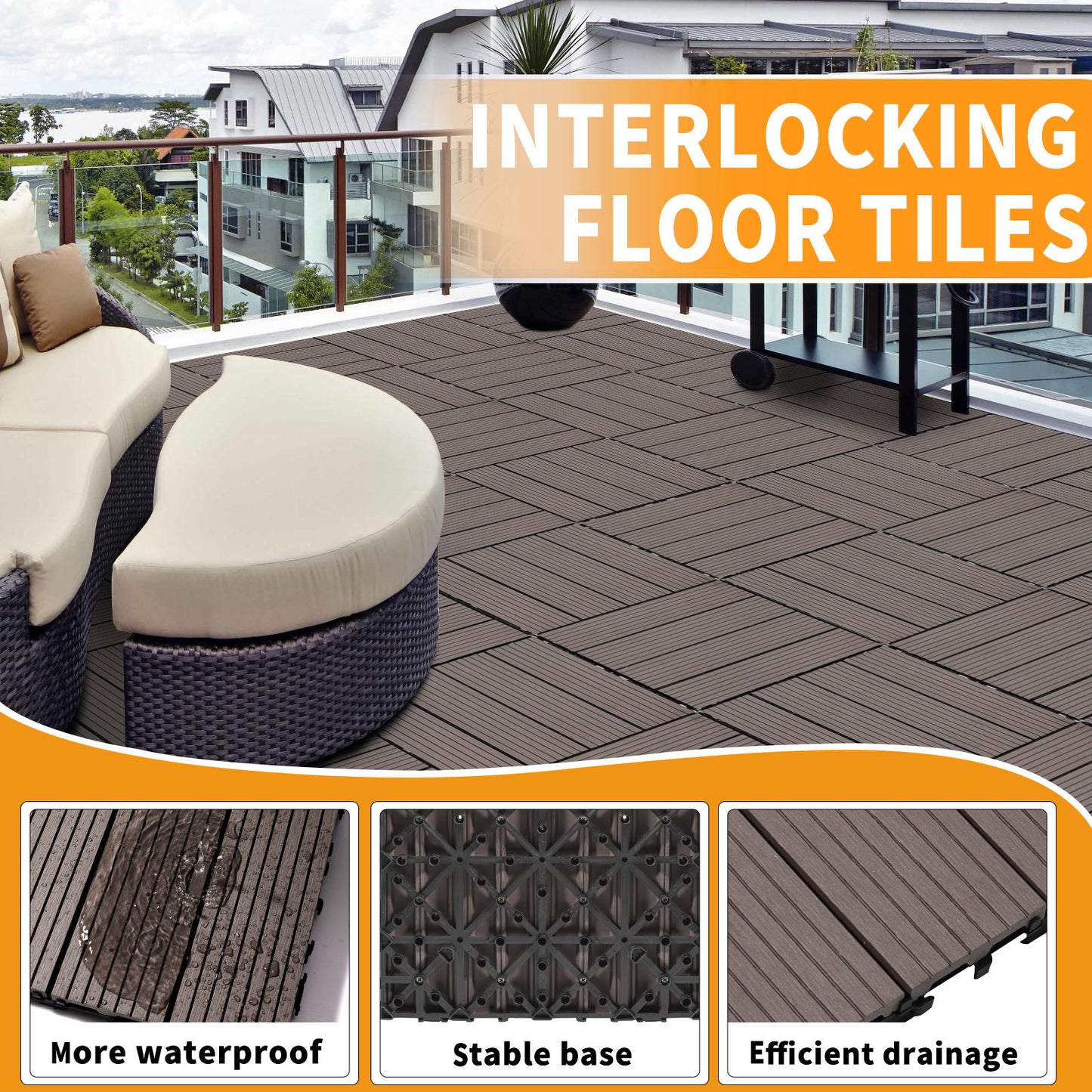 Wood Plastic Composite Deck Tiles (Set of 20), Sustainable Composite Decking Resist Rust, Water, Weather, Easy To Diy & Maintain, Ideal For Patios, Balconies, Rooftops - Light Coffee