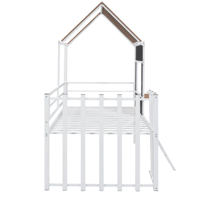 Twin Size Loft Bed With Roof, Window, Guardrail, Ladder - White