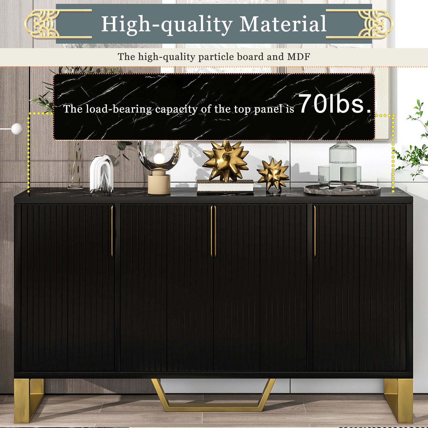 Modern Sideboard With Four Doors, Metal Handles & Legs And Adjustable Shelves Kitchen Cabinet - Black