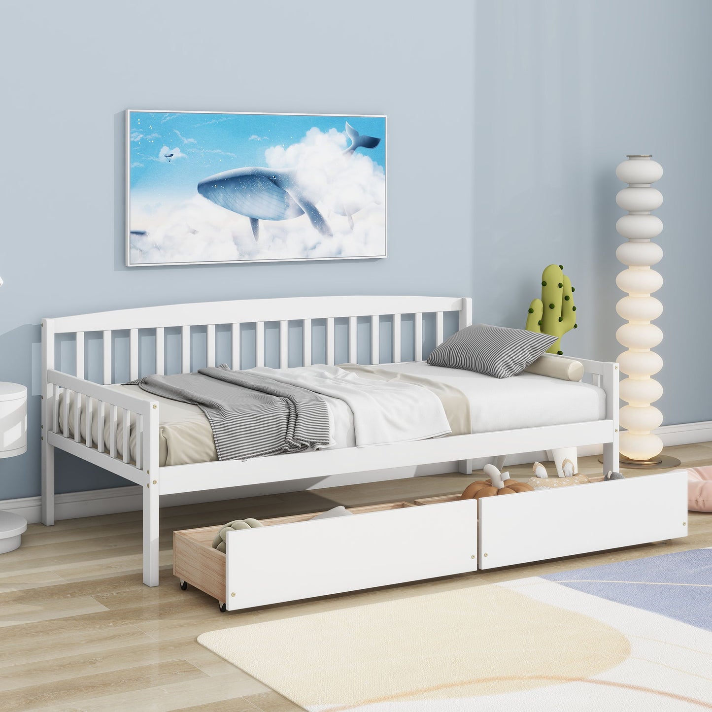 Twin Size Pine Wood Daybed With Two Storage Drawers, Sofa Bed With Bed Platform Of 10 Support Slats - White