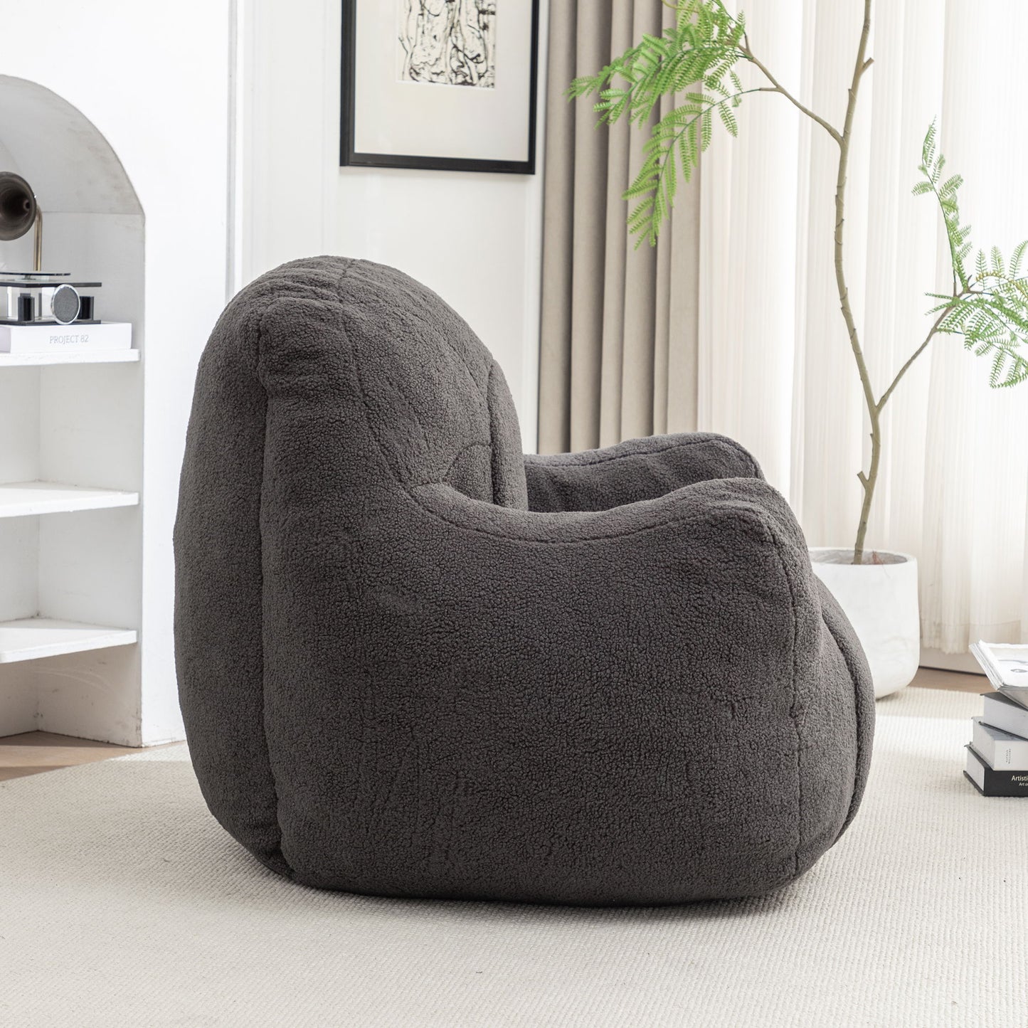 Comfy Bean Bag Chair With Filler, Tufted Memory Foam Sofa Teddy Fabric, Fluffy And Cozy Seating For Dorm, Apartment, Or Living Room - Dark Gray