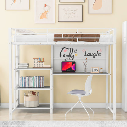 Twin Size Loft Bed With Desk And Whiteboard, Loft Bed With 3 Shelves And Ladder - White