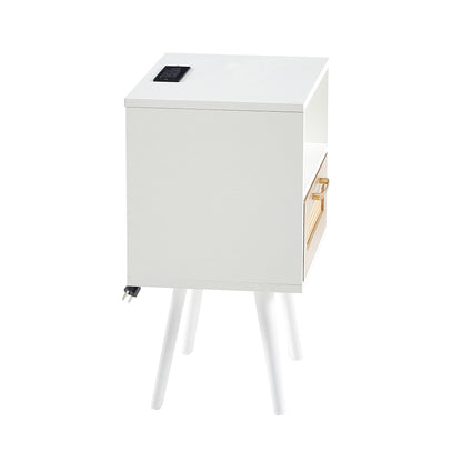 15.75" Rattan End Table With Power Outlet & USB Ports, Modern Nightstand With Drawer And Solid Wood Legs, Side Table For Living Room, Bedroom - White
