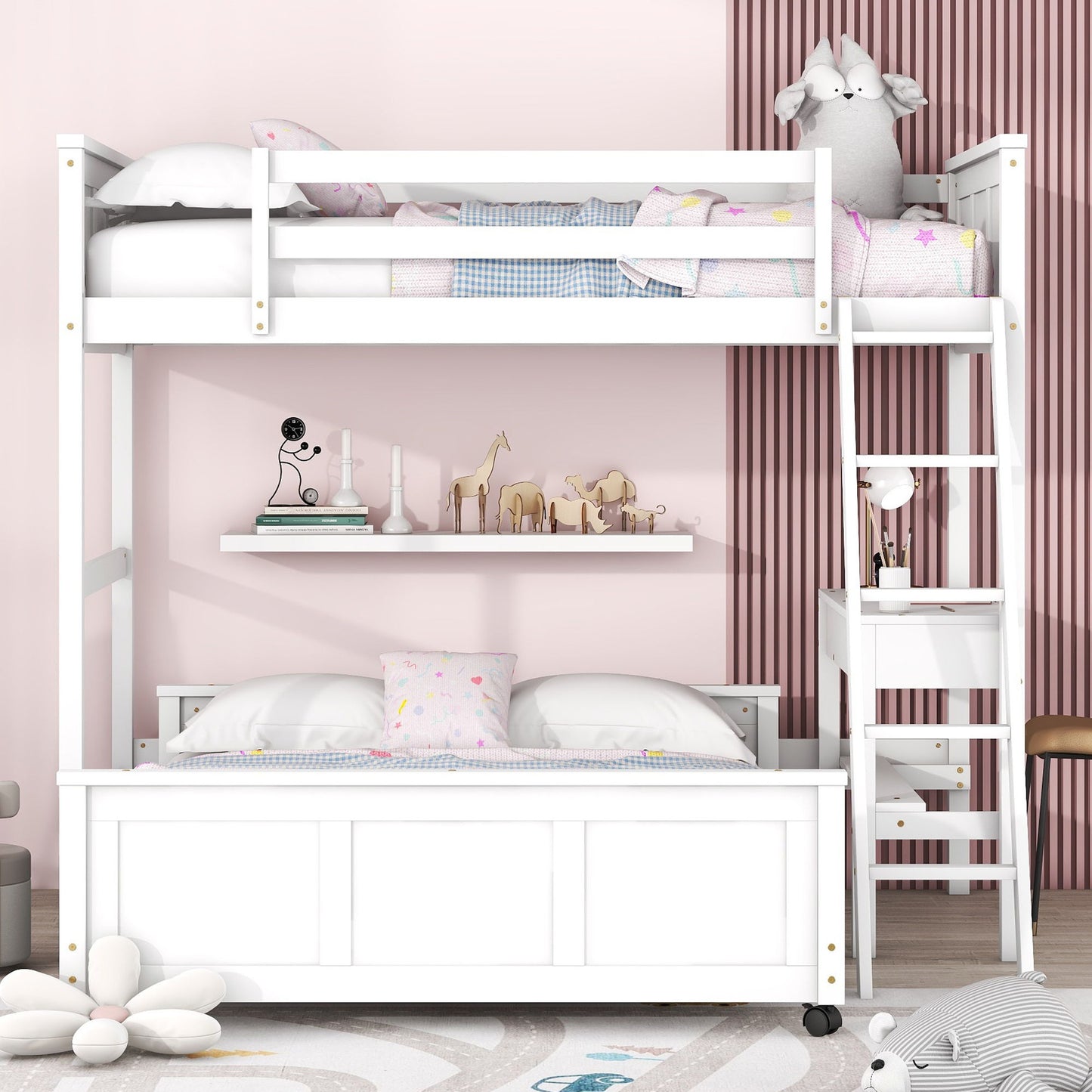 Twin Over Full Bunk Bed With Desk - White