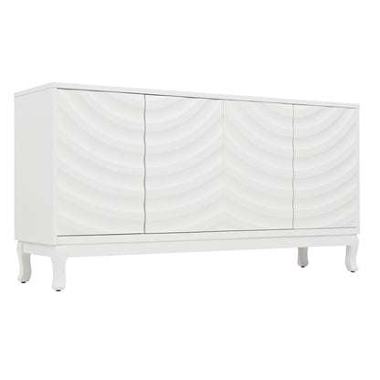 Elegant Sideboard With Sophisticated Wavy Pattern Doors And Arched Groove Design In A Stylish 4 Door Layout, Adjustable For Study, Entryway And Living Room - White