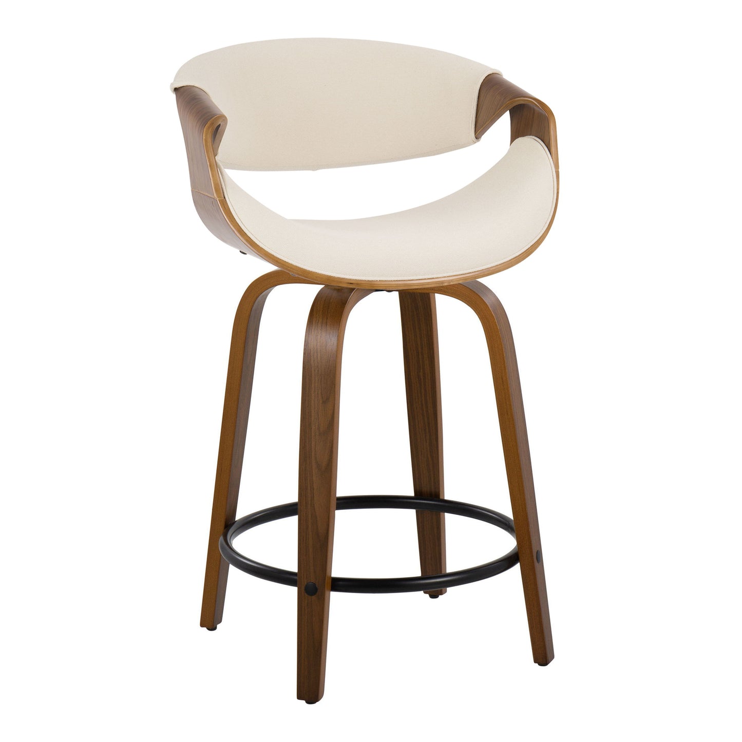 Curvini Mid-Century Modern Fixed Height Counter Stool With Swivel With Round Footrest (Set of 2) - Walnut / Cream