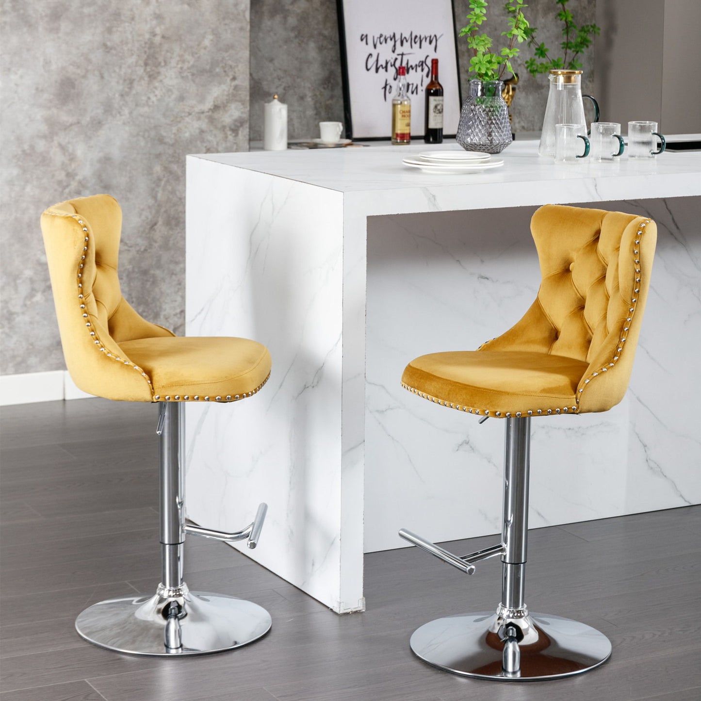 Swivel Velvet Barstools Adjusatble Seat Height From 25-33", Modern Upholstered Chrome Base Bar Stools With Backs Comfortable Tufted For Home Pub And Kitchen Island (Set of 2) - Gold