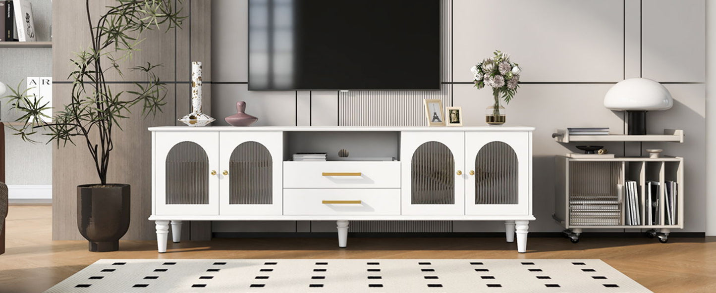 Retro TV Stand For TVs Up To 75", Entertainment Center Media Console With Fluted Glass Doors And 5 Solid Wood Legs For Living Room - White