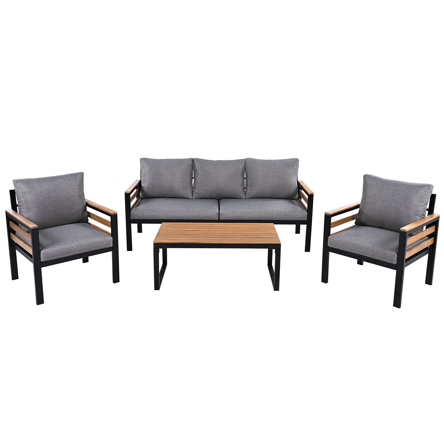 4 Piece Outdoor Furniture Sofa Set For 5 People With Acacia Wood Armrests, Patio Conversation Set With Removable Cushion And Solid Wood Coffee Table For Garden And Backyard - Gray