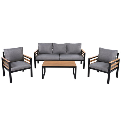 4 Piece Outdoor Furniture Sofa Set For 5 People With Acacia Wood Armrests, Patio Conversation Set With Removable Cushion And Solid Wood Coffee Table For Garden And Backyard - Gray