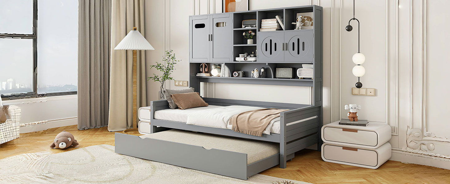 Twin Size Daybed With Twin Size Trundle, And All In One Cabinet And Shelf - Gray